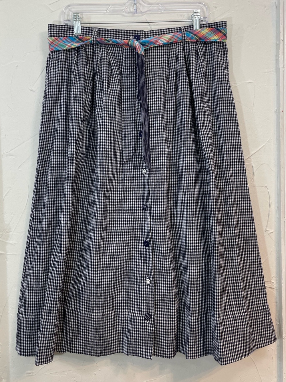 Koret Navy & White Gingham Midi Skirt - Button Front Multicolor Tie Belt size 18